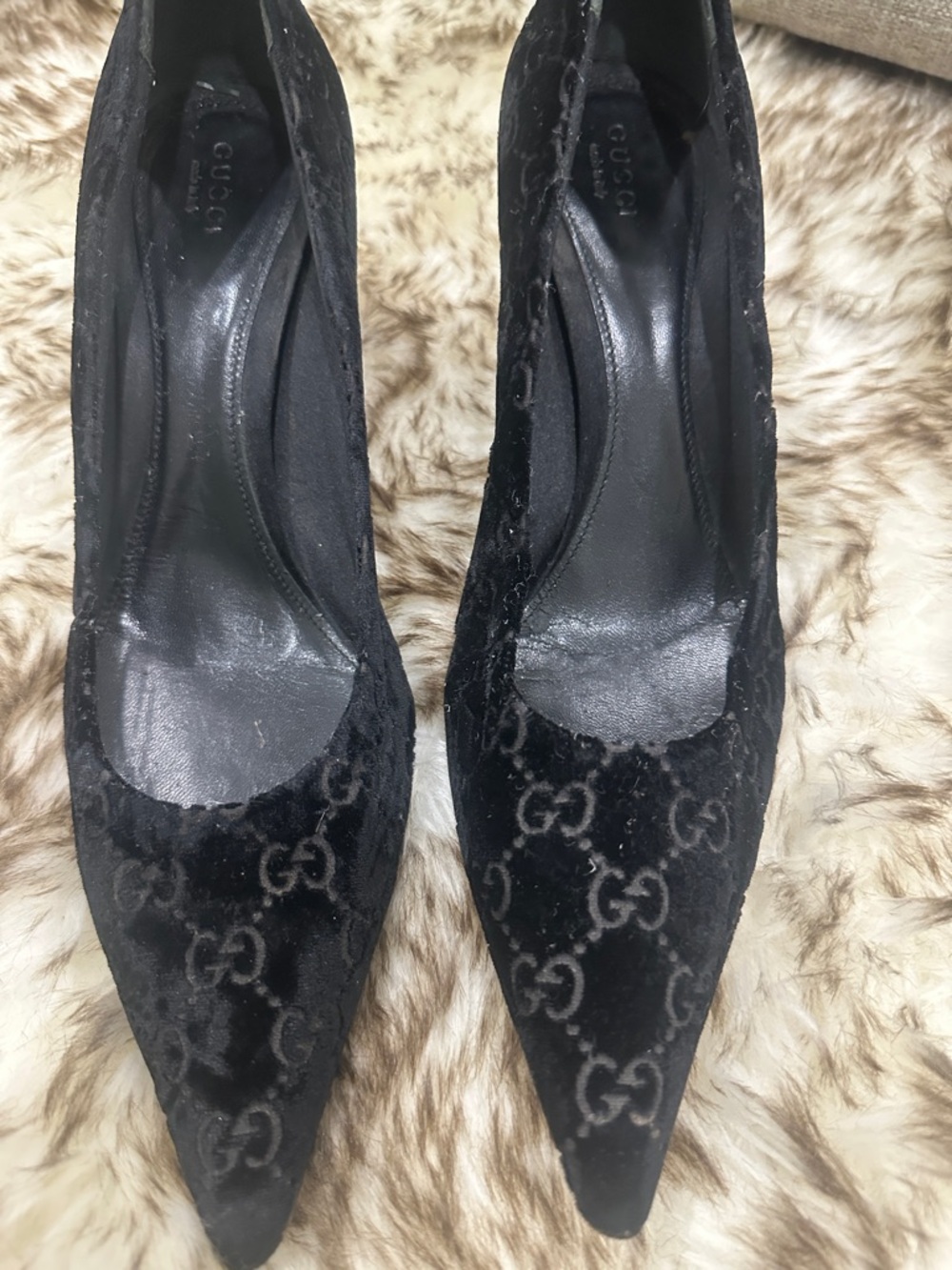 Gucci Black Velvet GG Logo Pointed Toe Heels